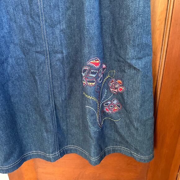 Vintage Napa Valley Midi Denim Skirt Modest Floral Embroidery‎ Hem Slit Size 14 - Picture 3 of 6